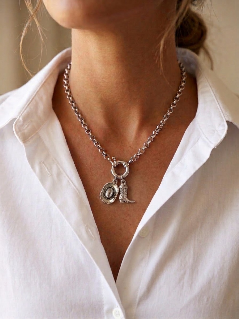 Silver Plated Charm Holder Necklace Stainless Steel Western Cowboy Chunky Chain